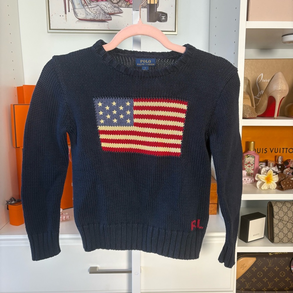 Polo by Ralph Lauren Blue and Red Knit Sweater with Flag Design
